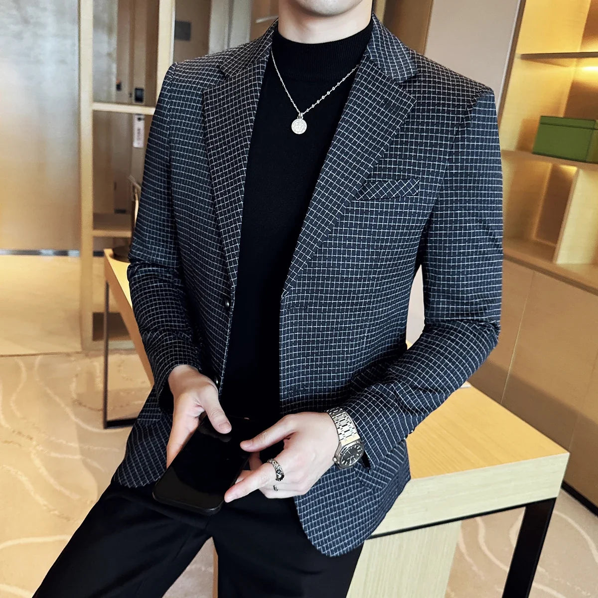 British Style Plaid Suit Jacket For Men 2025 New Business Casual Slim Blazer Formal Wedding Party Suit Dress Coats Men Clothing