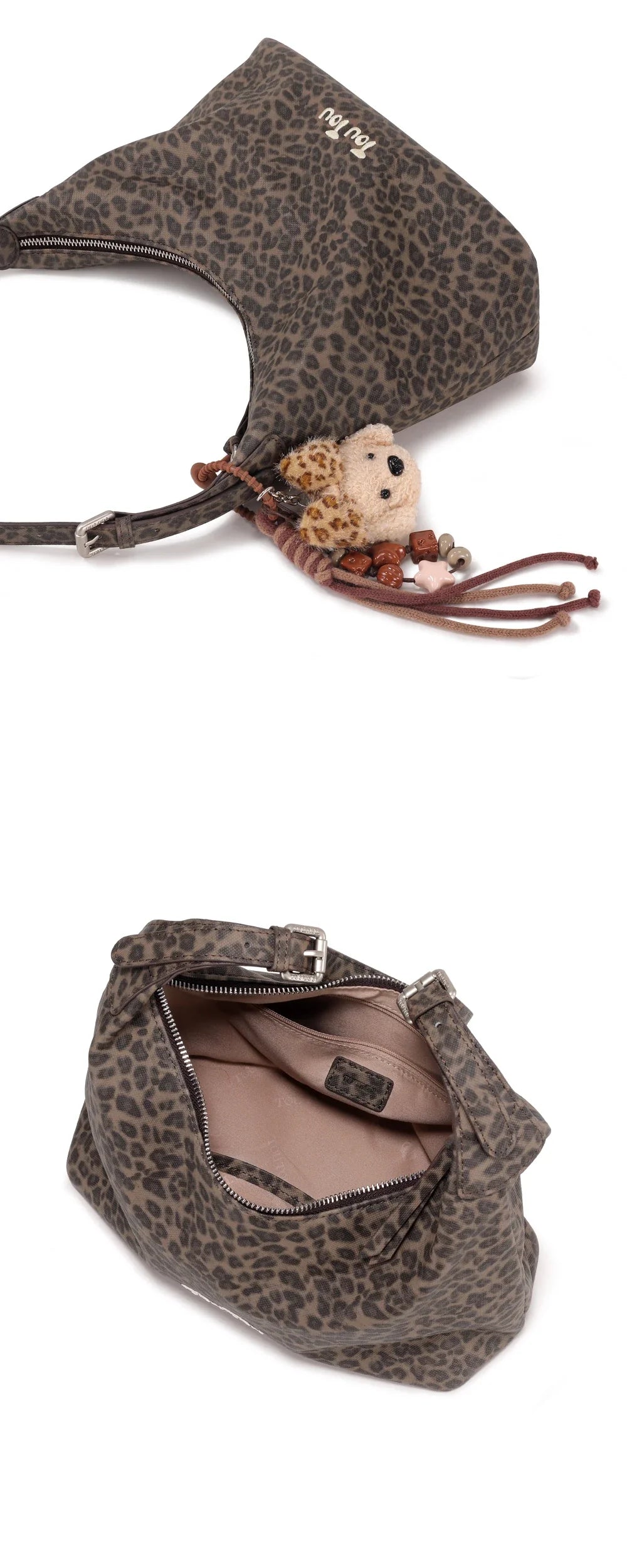 y2k leopard Print Shoulder Bag, Cute Puppy Pendant, Large Capacity Hobo Bag for Women's Casual Commute 3-Way Carry
