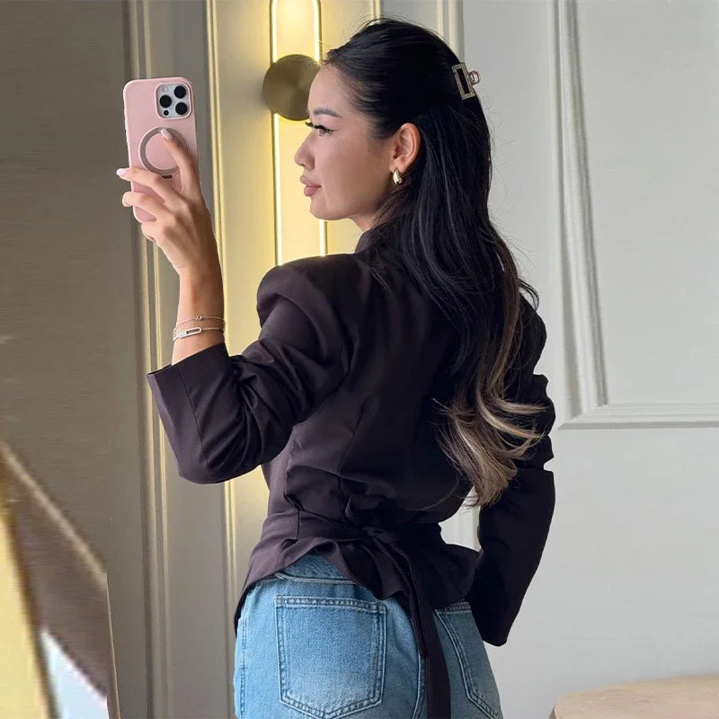 Chic Pleated Waist Cinched Women's Jacket V Neck Single Breasted Lace Up Blazer Coat Lady 2026 Casual Slim Commute Outerwear