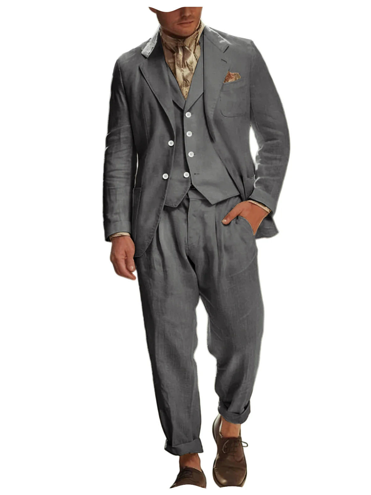 Italian Style Men's Linen 3 Piece Set Notch Lapel 2 buttons Blazer+Vest+Pants Breathable Lightweight Summer Casual Business Suit