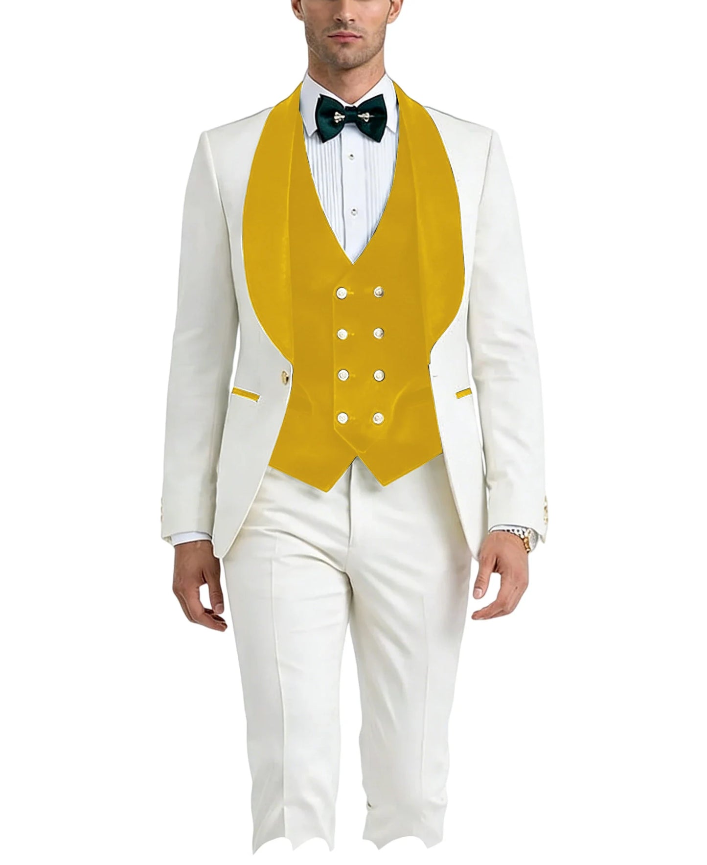 Men White Tuxedo Suit 3 Piece Shawl Lapel Slim Fit 1 Button Velvet Collar Patched Blazer Vest Pants Set for Wedding Party Groom