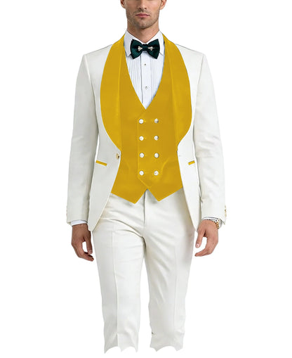 Men White Tuxedo Suit 3 Piece Shawl Lapel Slim Fit 1 Button Velvet Collar Patched Blazer Vest Pants Set for Wedding Party Groom