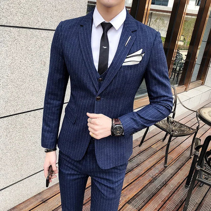Blue Men Classic Striped/Checked Suits, Asian Size Slim Fit Business Office 3-Piece Sets, Black/Gray and Red Available.