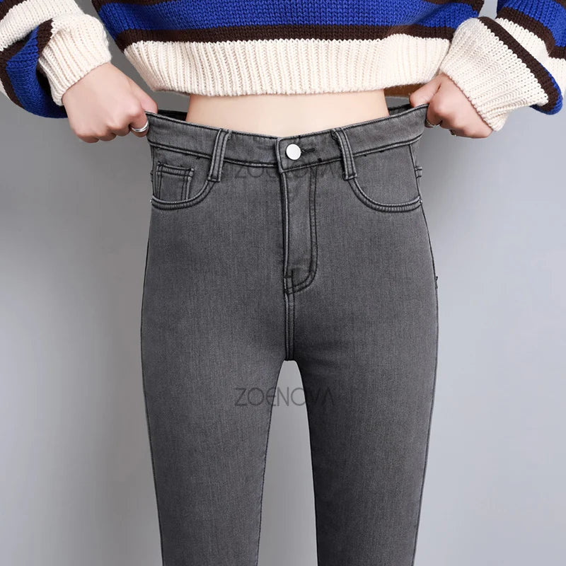 New Women Thick Velvet Jeans Fleece Warm Korean Fashion High Waist Skinny Elastic Pants Jean Casual Legging Winter 2023
