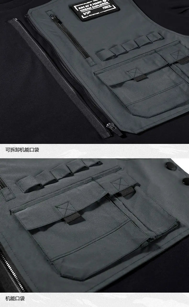 Fashion Men Black Techwear 100% Cotton Patch Stich Short Sleeve T-Shirts Summer Mens Oversized Locomotive Style Tooling T Shirt