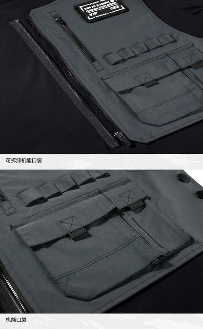 Fashion Men Black Techwear 100% Cotton Patch Stich Short Sleeve T-Shirts Summer Mens Oversized Locomotive Style Tooling T Shirt