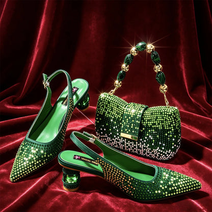 Emerald Green Rhinestone Heels & Bag Set Crystal Slingback Pumps with Matching Handbag for Wedding Party