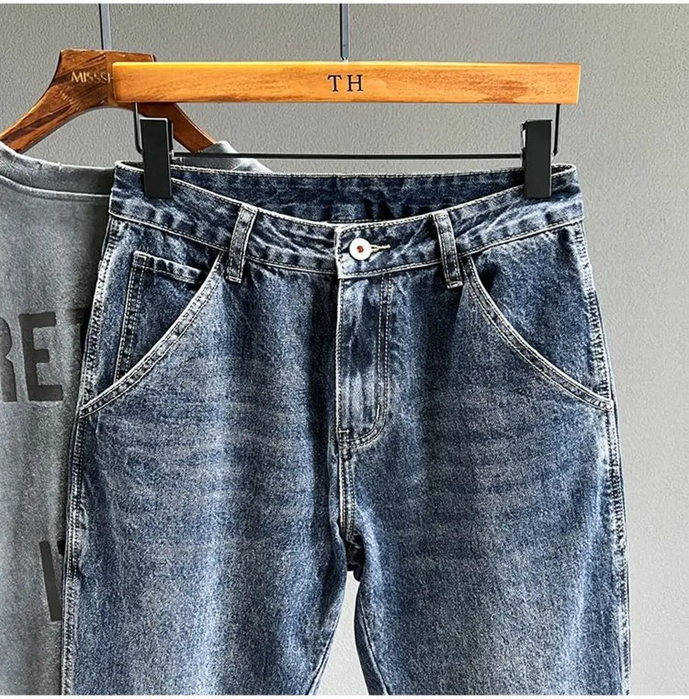 Korean Vintage Loose Tapered Men's Jeans Fashion High Street Drape Harem Pants Youth Hip Hop Streetwear Male Blue Denim Trousers