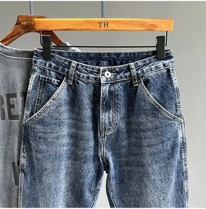 Korean Vintage Loose Tapered Men's Jeans Fashion High Street Drape Harem Pants Youth Hip Hop Streetwear Male Blue Denim Trousers