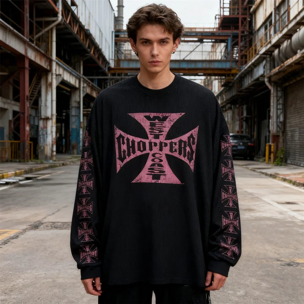 American Style Streetwear Quality Waffle Fabric Printed Tops Oversized Long Sleeves Tee 100%Cotton Vintage T Shirt Men Woman