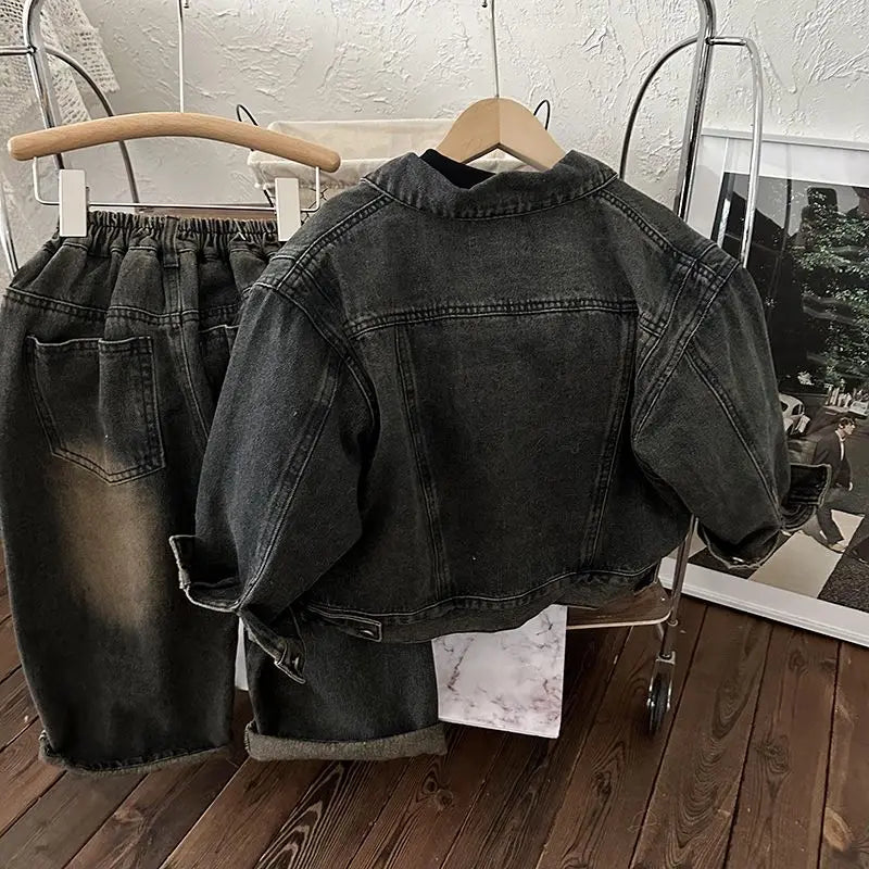 Children's Korean Spring Autumn New Retro Matte Coat for Boys and Girls Korean Loose Cowboy Two Piece Set outfits