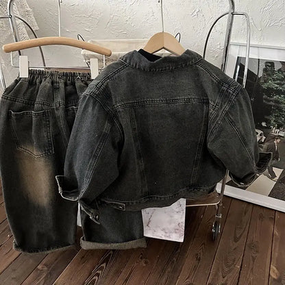 Children's Korean Spring Autumn New Retro Matte Coat for Boys and Girls Korean Loose Cowboy Two Piece Set outfits