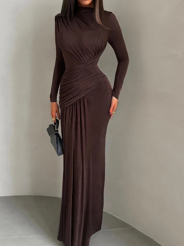 Folds Maxi Dress Women O-Neck Full Sleeve Solid Banquet Elegant Vacation Fashion Autumn Skinny Casual Simple Vestido