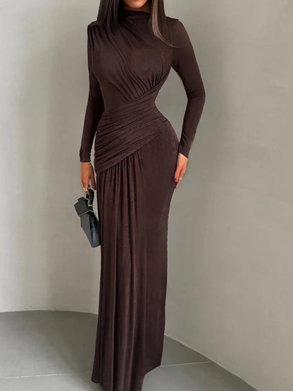 Folds Maxi Dress Women O-Neck Full Sleeve Solid Banquet Elegant Vacation Fashion Autumn Skinny Casual Simple Vestido