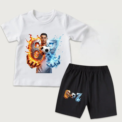 New Arrival CR7 Ronaldo 67 Print Kids Cotton T Shirt Short Sleeve Casual Top Set for Boys Girls