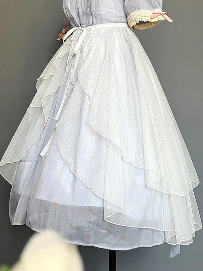 Sweet Lolita Asymmetrical Sheer Mesh Cover Up Curtain OP JSK Skirt Women Japanese Kawaii Elegant Double Layered Party Skirts