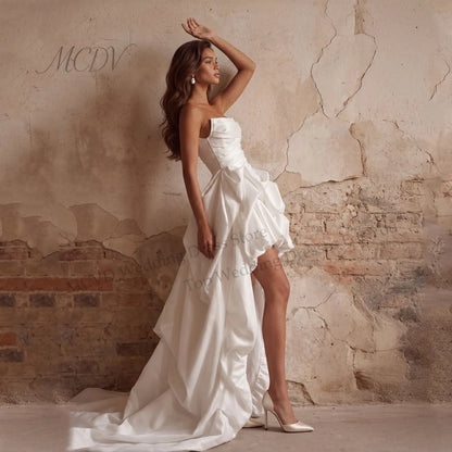 Modern High/Low Satin A-Line Wedding Dresses Women Strapless Open Back Pleat Corset Sleeveless Bridal Party Gowns Customized