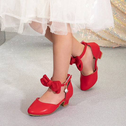 New Children High Heels Ankle-strap Bowknot Girl Princess Dress Sandals Sweet Wedding Party Versatile Kids Fashion Catwalk Shoes