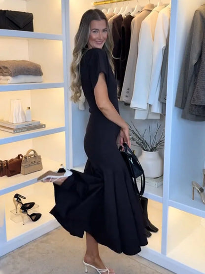 2026 Women Summer Fashion Solid Midi Dress Side Zipper Pleated Woman Ship-type Short Sleeved Stitching Holiday Party Dress