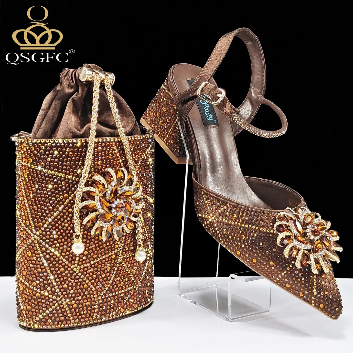 Fashion Design High-end Women's Shoes with Diamond Oval Stand Bag Women's High Heels for Special Day or Work