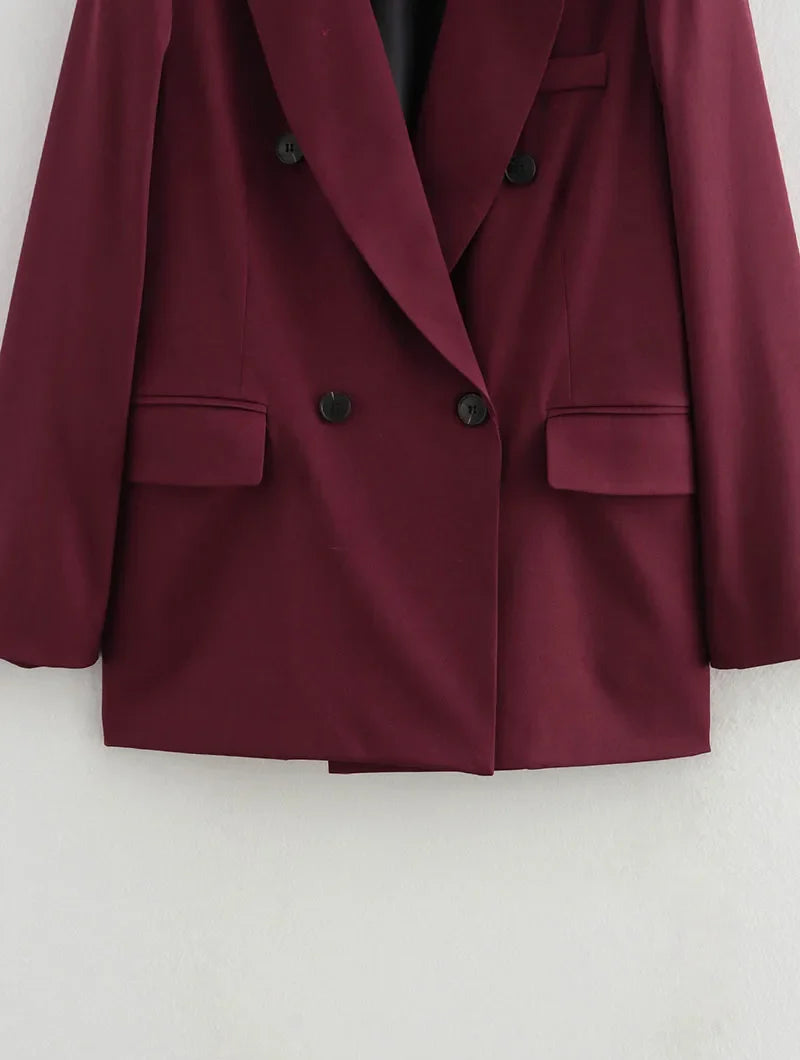 Vintage Wine Red Blazer Jacket Women Fashion Double-Breasted Long Sleeve Suit Jackets Female 2026 New Spring Lapel Office Coat