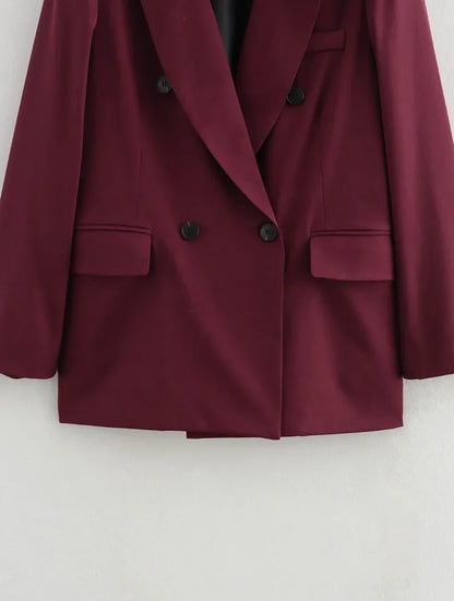 Vintage Wine Red Blazer Jacket Women Fashion Double-Breasted Long Sleeve Suit Jackets Female 2026 New Spring Lapel Office Coat