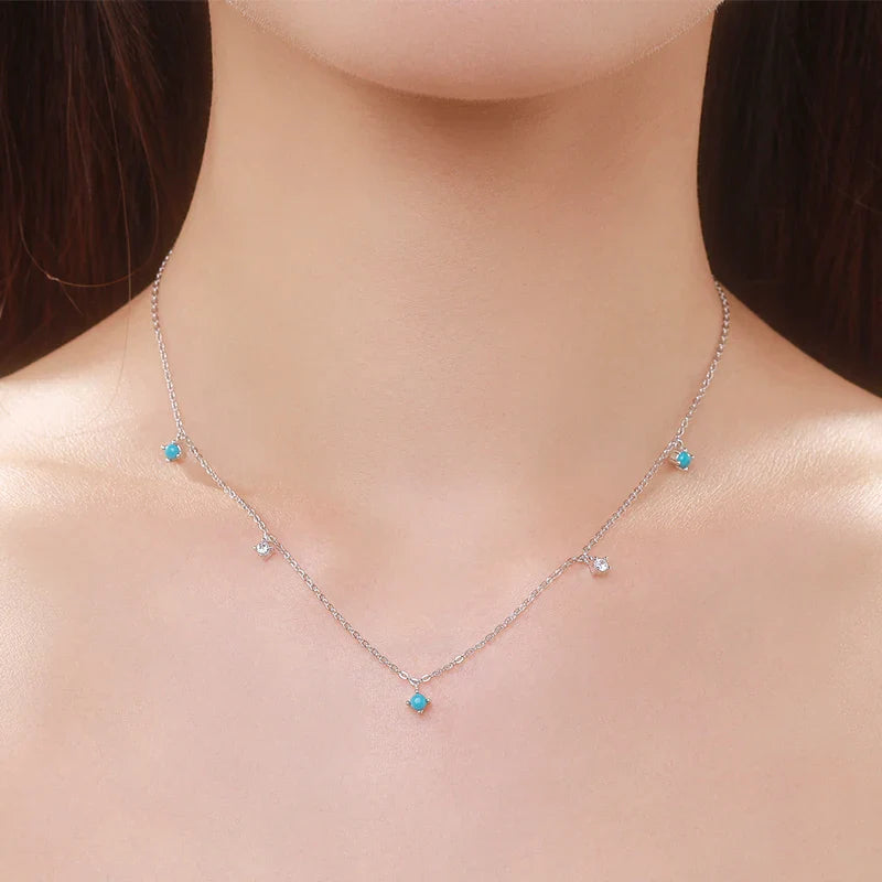 Real 925 Sterling Silver Fashion Stunning Turquoise Link Chain Charm Necklace For Women Daily Fine Jewelry