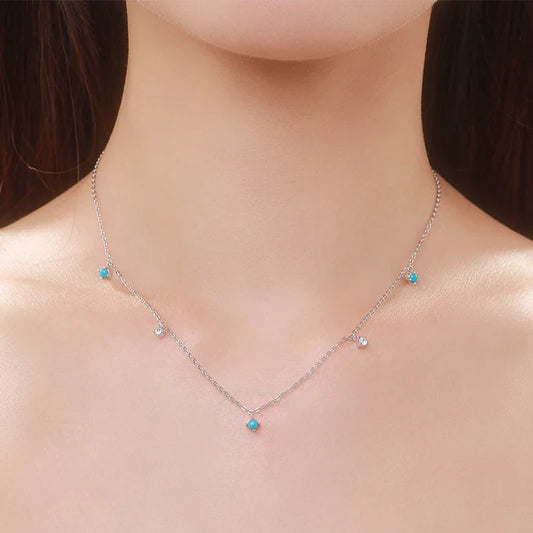 Real 925 Sterling Silver Fashion Stunning Turquoise Link Chain Charm Necklace For Women Daily Fine Jewelry