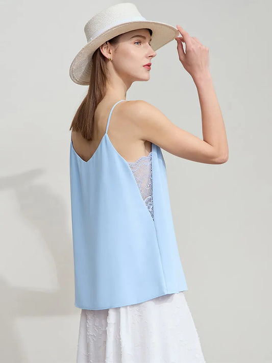 Women's Camisole 2026 Summer New V-Neck Chiffon Spaghetti Strap Tank Lace Patchwork Romantic Sleeveless Top Women 12442023