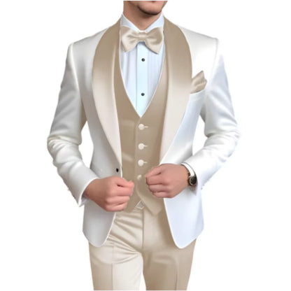 Customized Men's 3 Piece Tuxedo With Scarf Lapel Smoking Suit Wedding Groomsmen Formal Party Blazer Terno Masculino