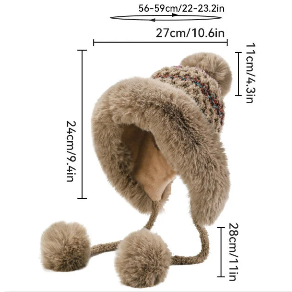 Three Pompoms Skullies Beanies Thick Warm Winter Hat Women Russian Fur Hat Ladies Knitted Hat Female Snow Ski Earflap Cap