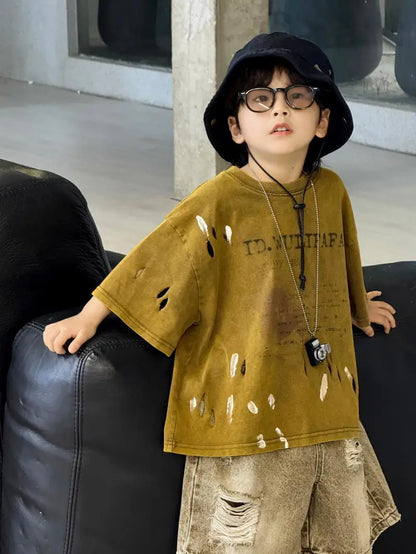 2026 Summer New Boys' Distressed Tie Dye Short Sleeved T-Shirt Junior Sizes Stylish Trendy Kids' Apparel