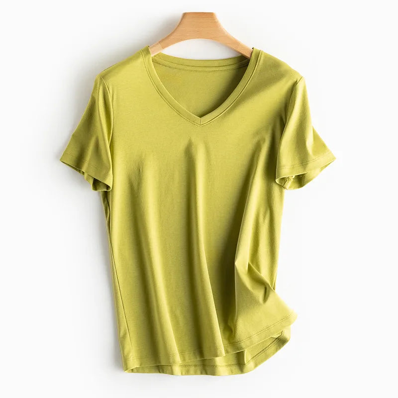 Women Solid T shirts, Silk Cotton Blend, O Neck, Short Sleeved Solid Tee,2025 Summer Candy Colors Basic Cozy Top Green