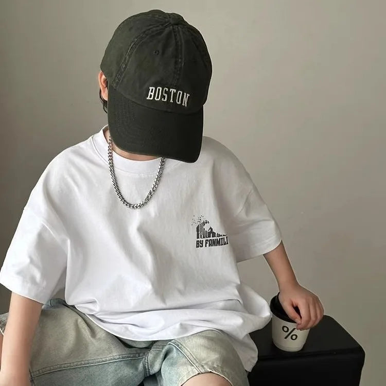 Black Graffiti Letters Pure Cotton Short Sleeve T-Shirt for Tween Boys Loose Fit Summer Youthful Wear Kids Outerwear Clothing