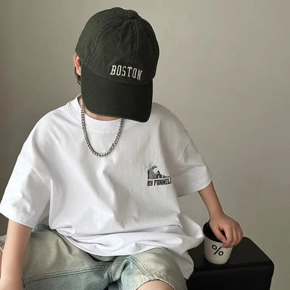 Black Graffiti Letters Pure Cotton Short Sleeve T-Shirt for Tween Boys Loose Fit Summer Youthful Wear Kids Outerwear Clothing