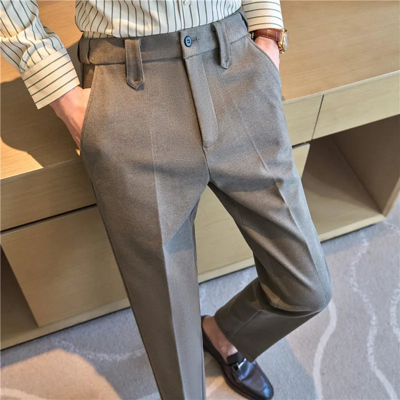 Autumn Winter High Quality Men's Wool Blends Suit Pants Solid Striped Smart Casual Slim Fit Suit Trousers Men Woolen Dress Pants