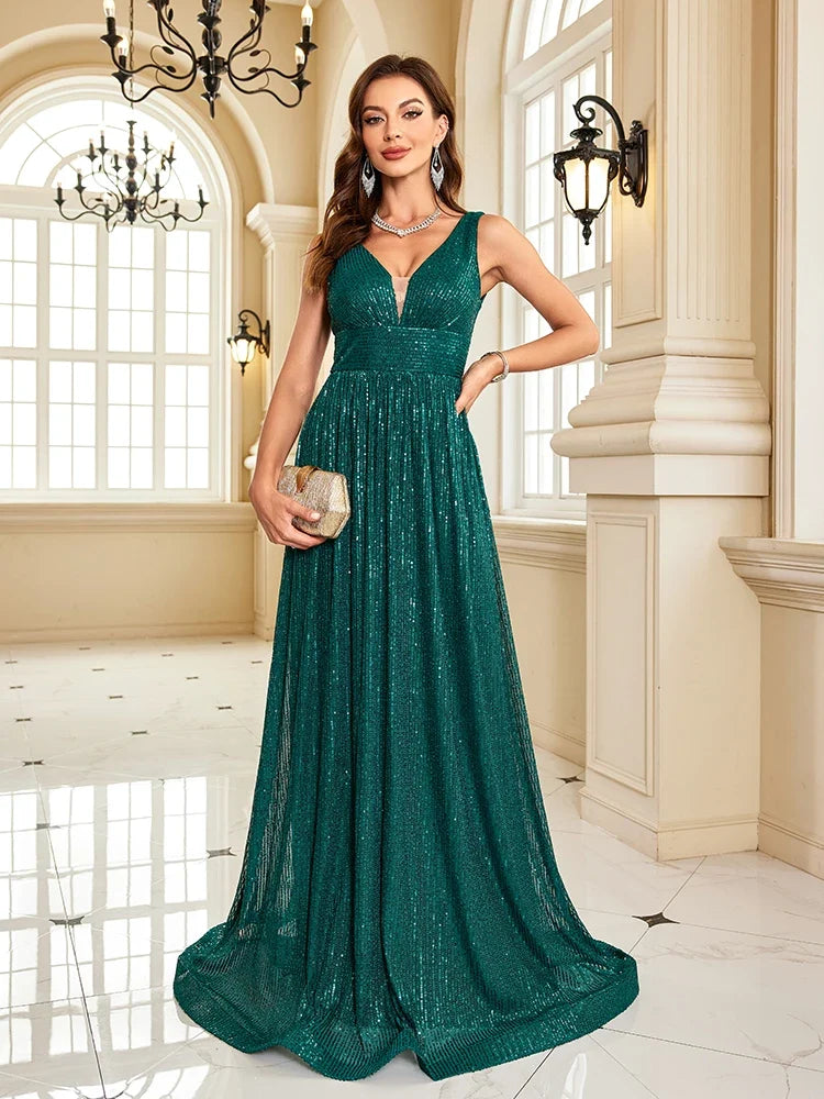 Women Luxury V-Neck Sleeveless Green Formal Evening Dress Sequin 2025 Wedding Party Prom Maxi Cocktail Dress Vestido