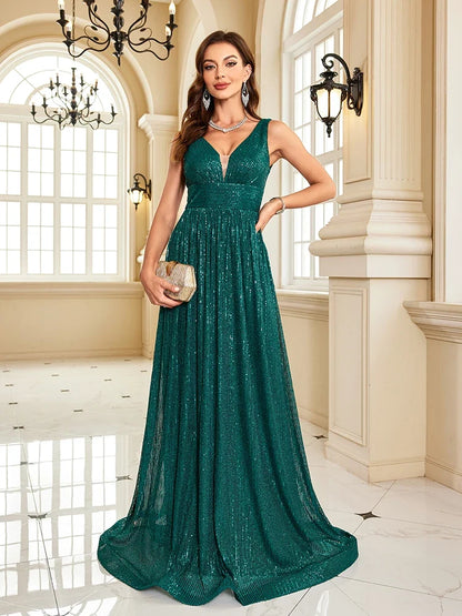 Women Luxury V-Neck Sleeveless Green Formal Evening Dress Sequin 2025 Wedding Party Prom Maxi Cocktail Dress Vestido