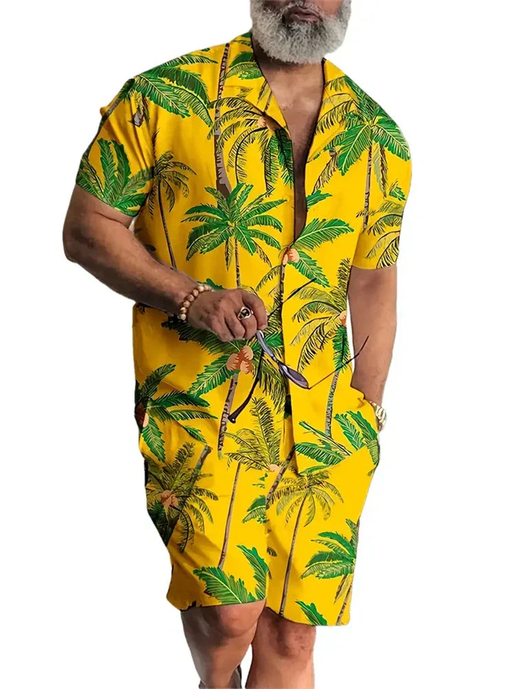 Men's New Hawaiian Short-Sleeved Shirt Shorts Set Summer Daily Travel Shirt Beach Casual Drawstring Shorts Jungle Print Set