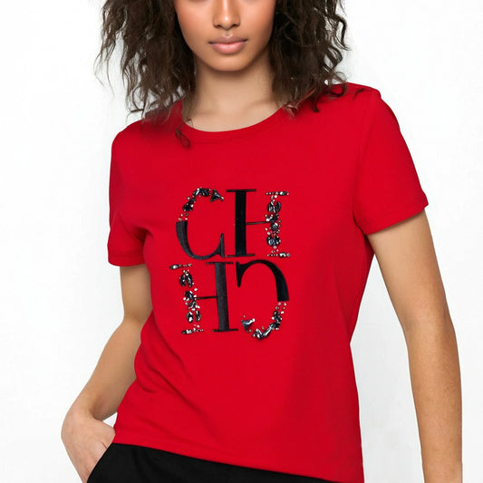 Women's T-shirt 2025 New Hand Embroidered Heavy Industry Casual Top Simple Round Neck Short Sleeve Women's Clothing