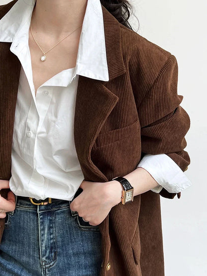 Brown Corduroy Suit Jackets Women's Spring New Fashion Loose Casual Blazers Notched Collar Single Breasted Pockets Female Tops