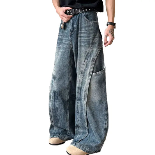 Korean Retro Jeans Men'S Curved Knife Pants Design Sense Vintage Casual Straight Leg Pants Loose Large Pocket Wide Leg Pants