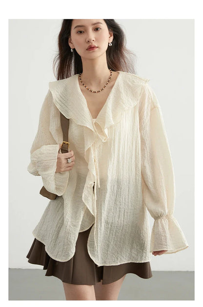 Women Shirt Loose Casual Ruffled Edges Female Blouses Solid V Neck Lace Up Mid Length Ladies Shirts Spring Summer 2026