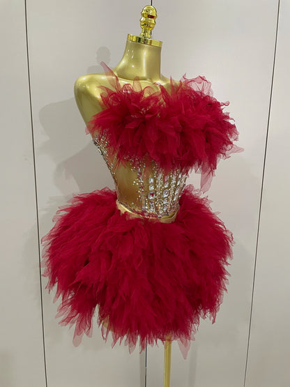 2025Women Sexy Backless Strap Mesh Fluffy Skirt 2 Pieces Diamond Sequins Stage Performance Costume Birthday Party Shooting Dress