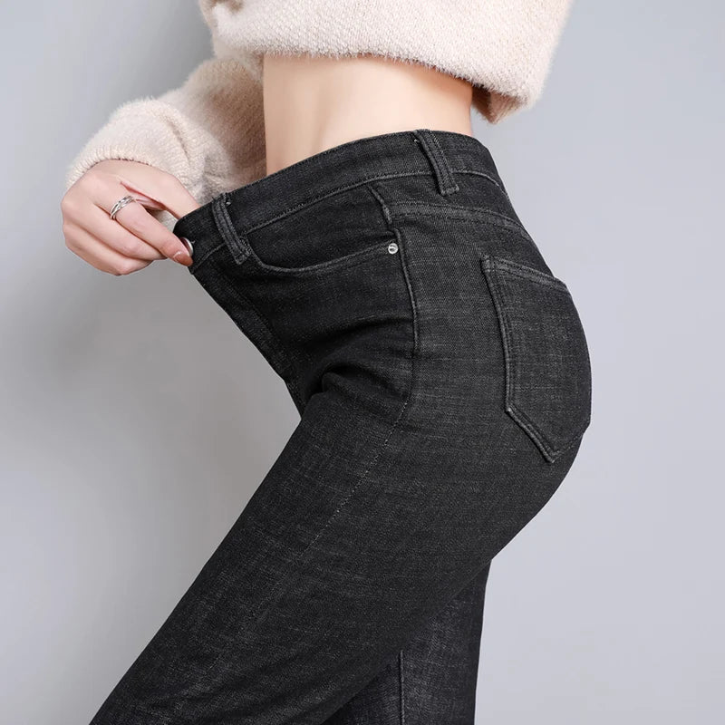2023 Fashion Women Stretch High Waist Pencil Pants Casual Female Velvet Jeans High Quality Fleece Mom Jeans Thick Plush Pants