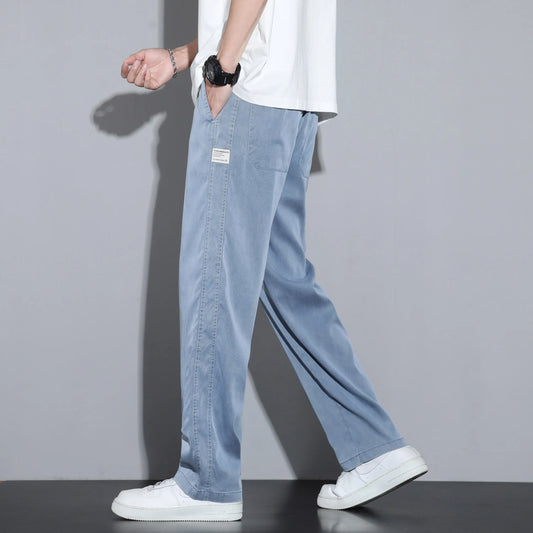 Summer Soft Lyocell Fabric Men's Jeans Thin Loose Straight Pants Drawstring Elastic Waist Korea Casual Trousers Plus Size M-5XL