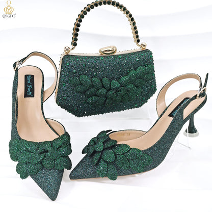 New Sky Blue Satin Handmade Flowers Shoes And Bag African Women's Banquet Pointed Toe Heels Matching Shoes And Bag Wedding Party