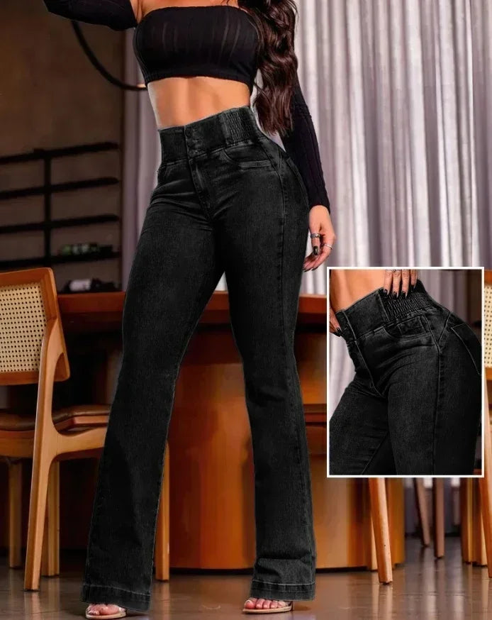 2025 autumn winter  Elegant High Waist Button Front Casual Female Jeans Sexy  Fashion Back Shirred Trouser Bottom