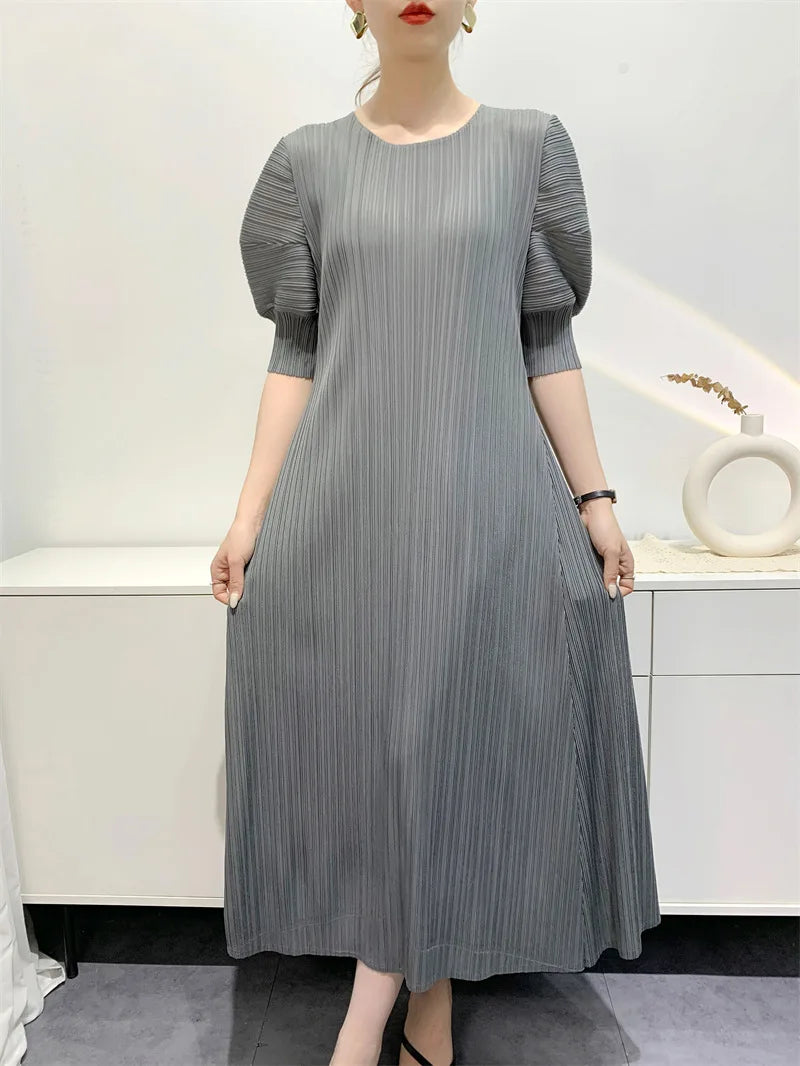 Miyake Pleated Dress 2024 Summer New Round Neck Loose and Comfortable A-line Short Sleeve Maix Dress