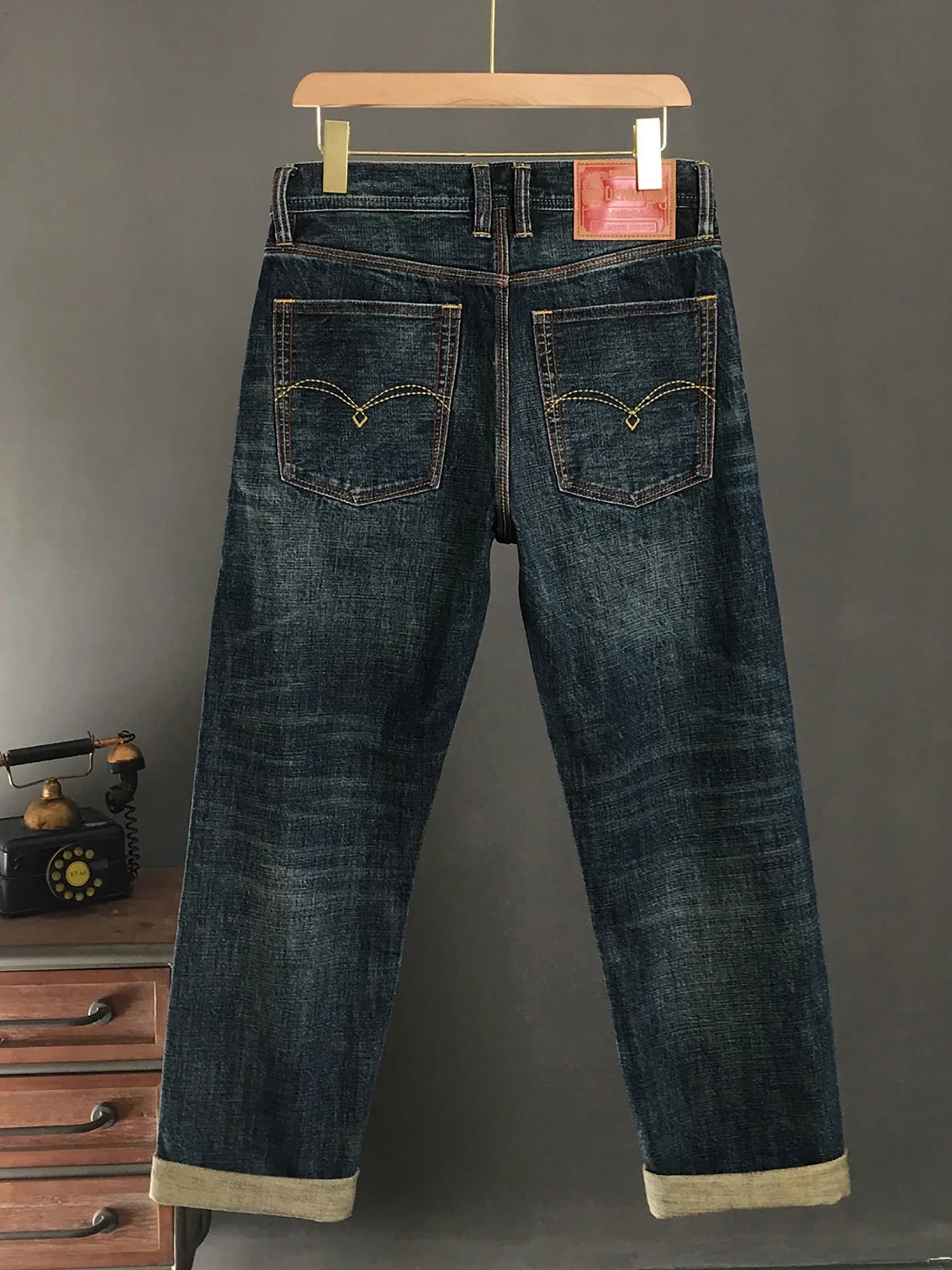 High Quality 100% Cotton Washed Yellow Selvedge Denim Jeans for Men American Vintage Casual Spring Autumn Loose Straight Pants
